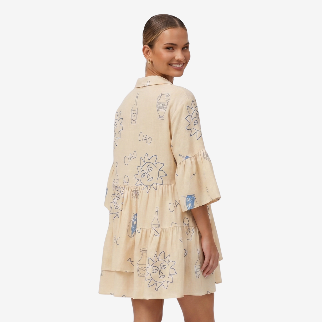 VALERIQUE | Femme Robe Décontractée A-Line en Mélange de Coton Beige, Imprimé, Manches Larges à Volants