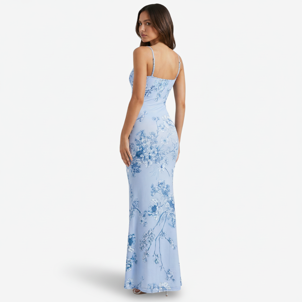 VALERIQUE | Femme Robe longue à fines bretelles coupe ajustée imprimé floral style fluide