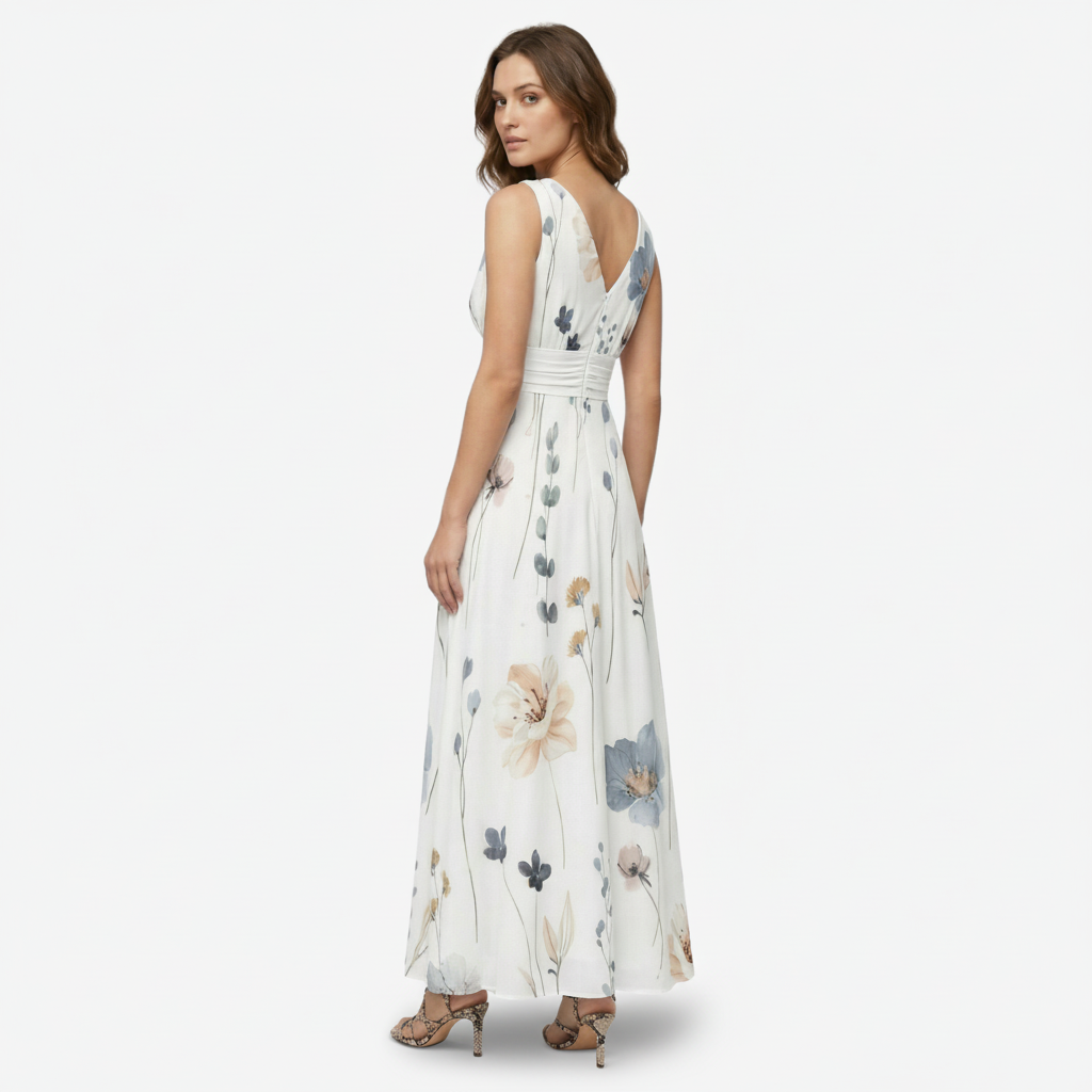 VALERIQUE | Femme Robe longue imprimé floral coupe évasée col V sans manches style décontracté