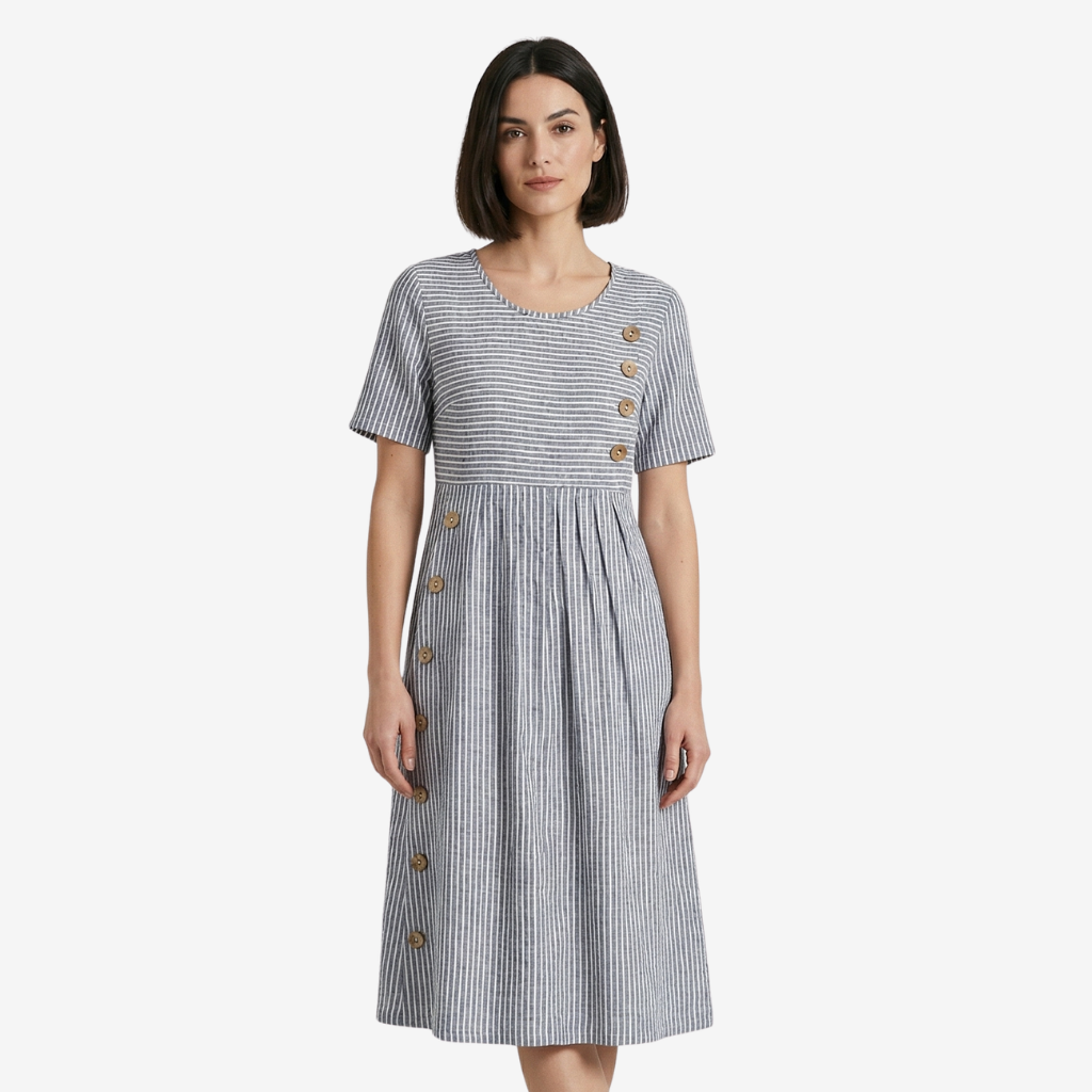 VALERIQUE | Femme Robe en lin coupe évasée manches courtes style décontracté