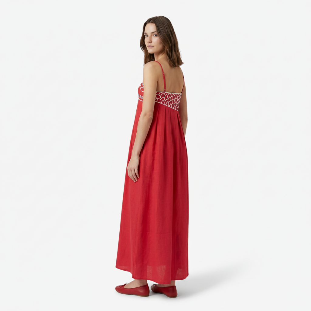 VALERIQUE | Femme Robe Maxi Décontractée en Mélange de Coton Rouge et Noir, Imprimé Poisson Blanc, Bretelles Ajustables