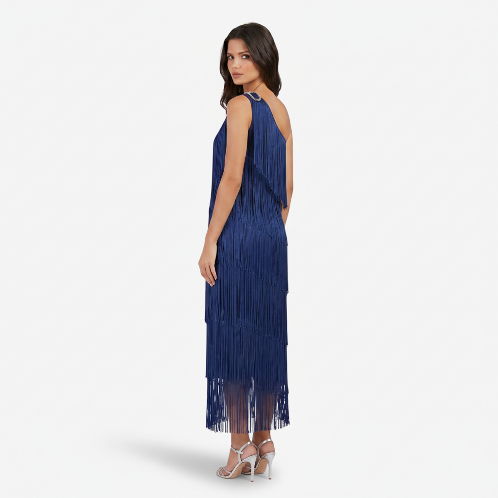 VALERIQUE | Femme Robe Formelle Asymétrique en Mélange de Coton Bleu, Franges Fluides, Bretelle Unique