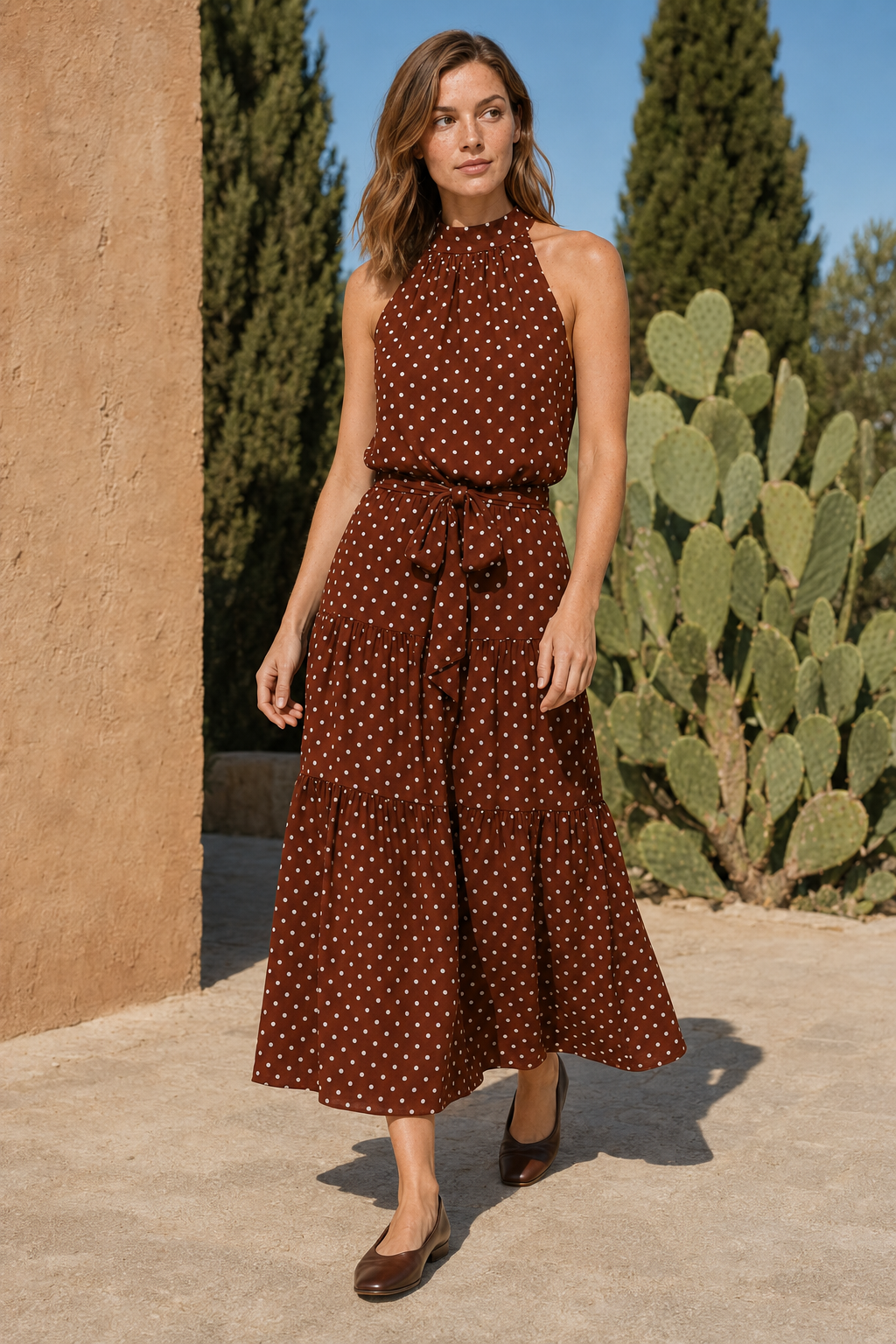 VALERIQUE | Robe Midi à Pois en Coton Léger pour Femme – Col Halter et Taille Ajustable