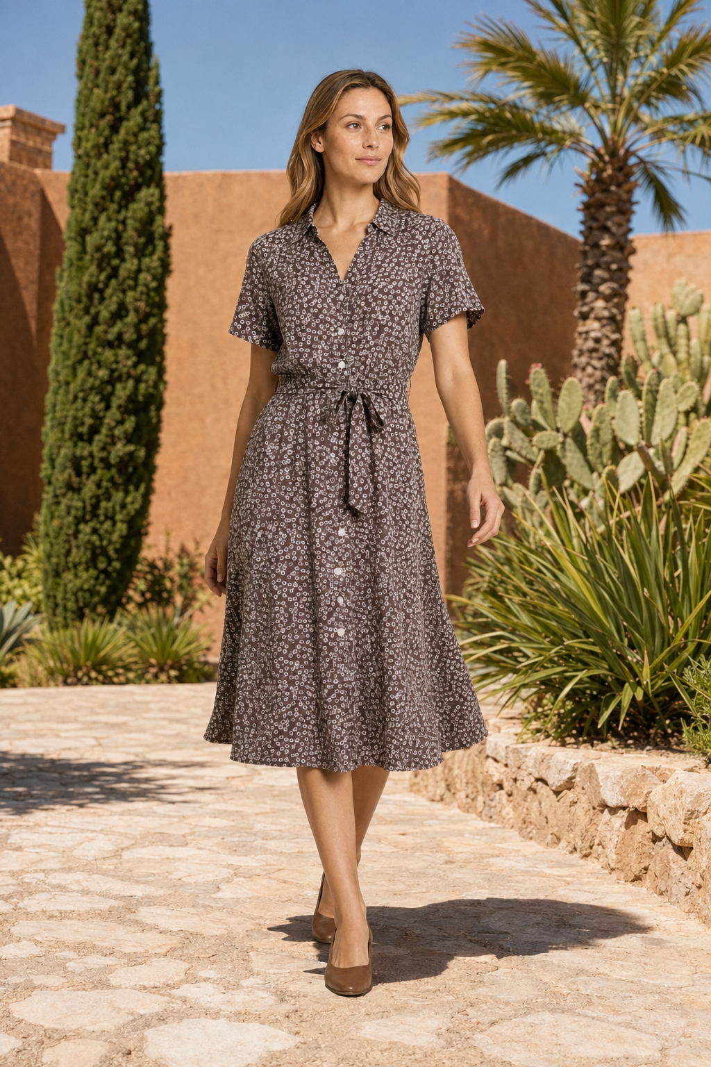 VALERIQUE | Femme Robe midi imprimé floral coupe évasée manches courtes style décontracté