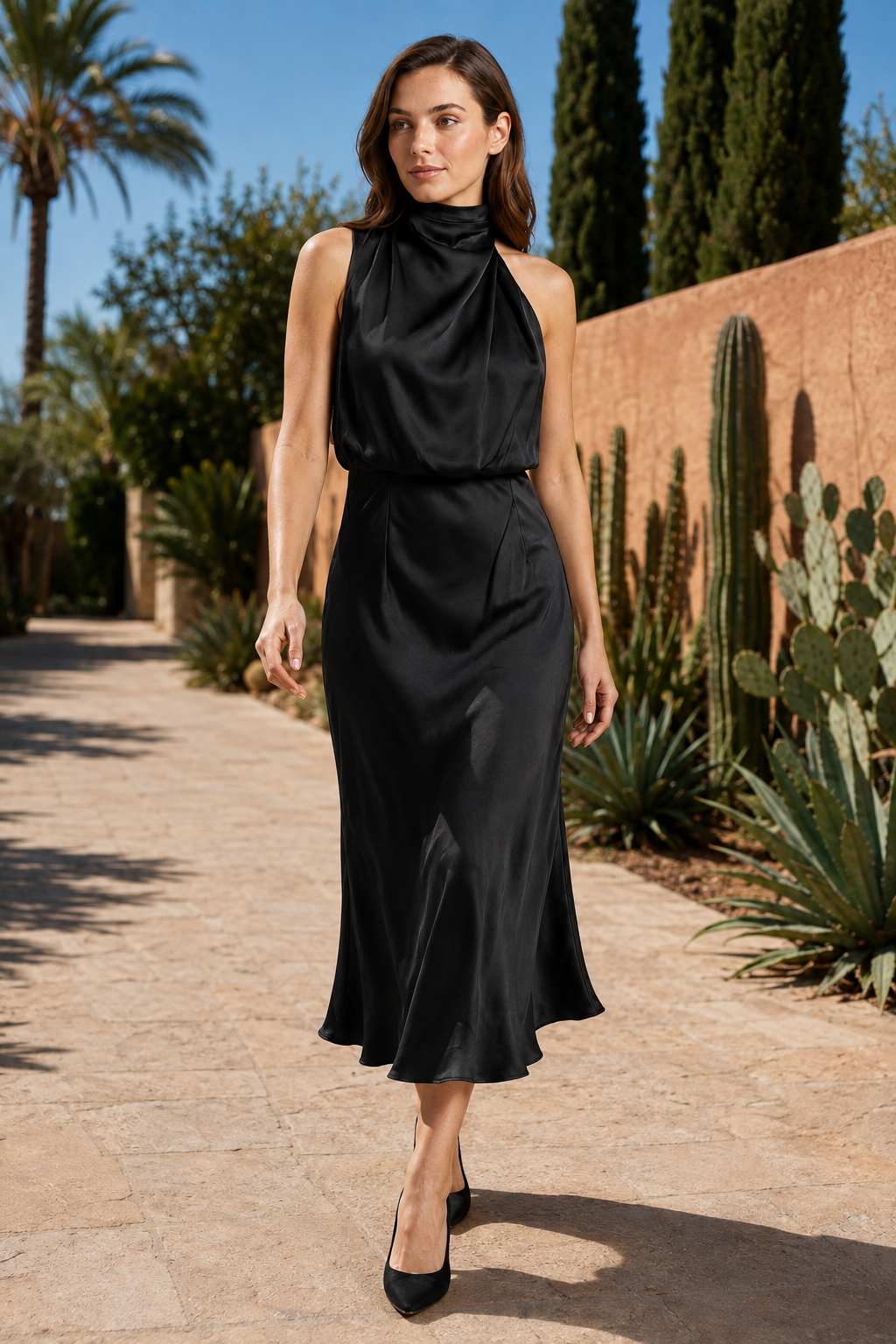 VALERIQUE | Femme Robe midi sans manches coupe ajustée col drapé style fluide