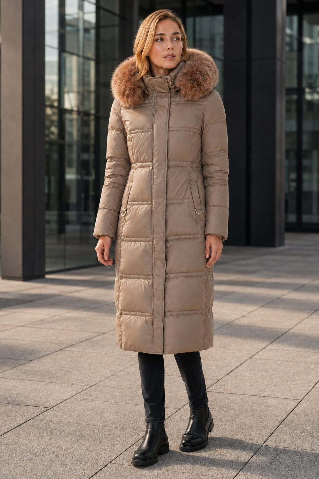 VALERIQUE | Manteau d'hiver long matelassé pour femmes – Taille cintrée et capuche bordée