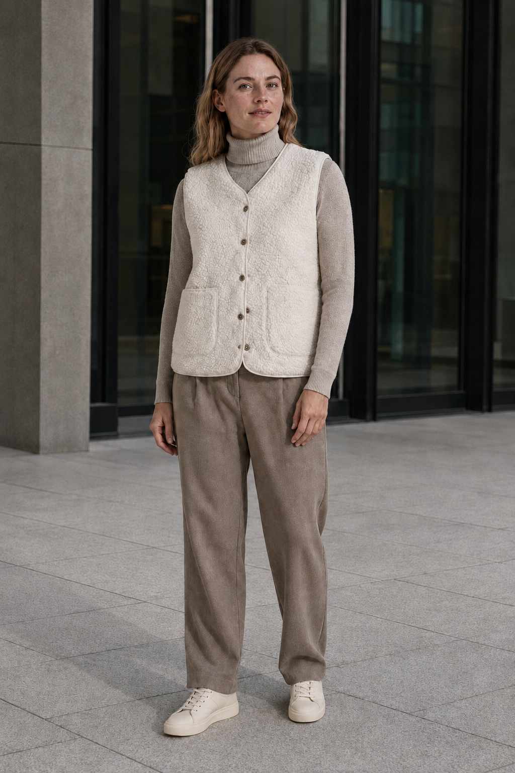 VALERIQUE | Gilet sans manches boutonné pour femme – Finition polaire texturée avec poches plaquées