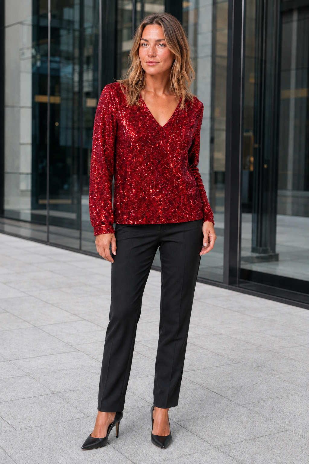 VALERIQUE | Blouse à sequins pour femme à manches longues – Col en V et sequins sur toute la surface