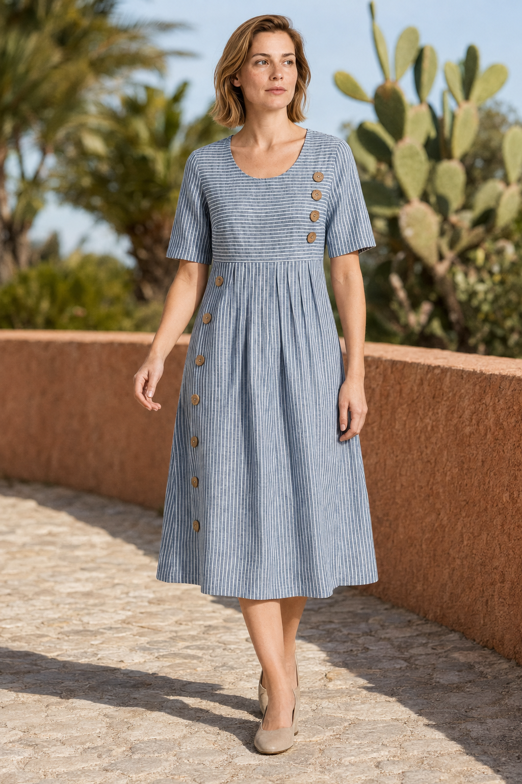 VALERIQUE | Femme Robe en lin coupe évasée manches courtes style décontracté