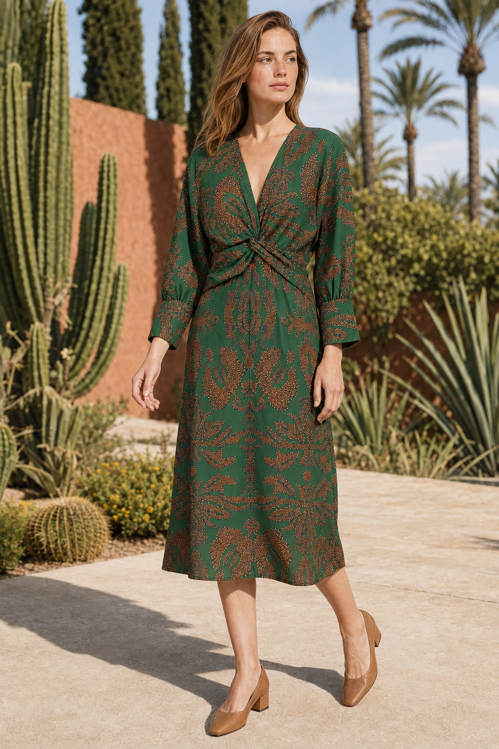 VALERIQUE | Robe Midi Portefeuille en Coton Léger à Imprimé Feuilles pour Femme – Col V