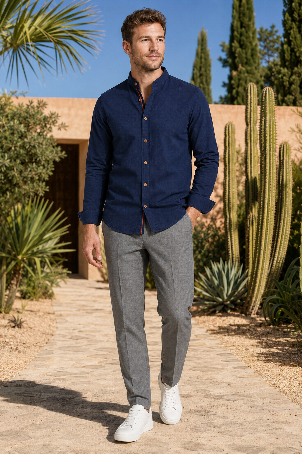 VALERIQUE | Homme Chemise en coton coupe ajustée manches longues col officier style décontracté