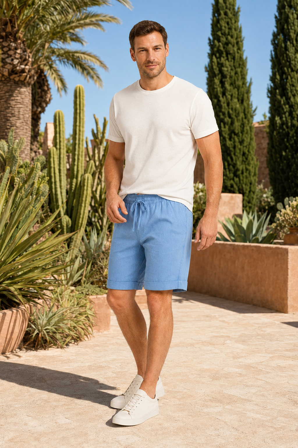 VALERIQUE | Homme short en lin à taille élastique avec cordon de serrage, coupe décontractée pour usage quotidien