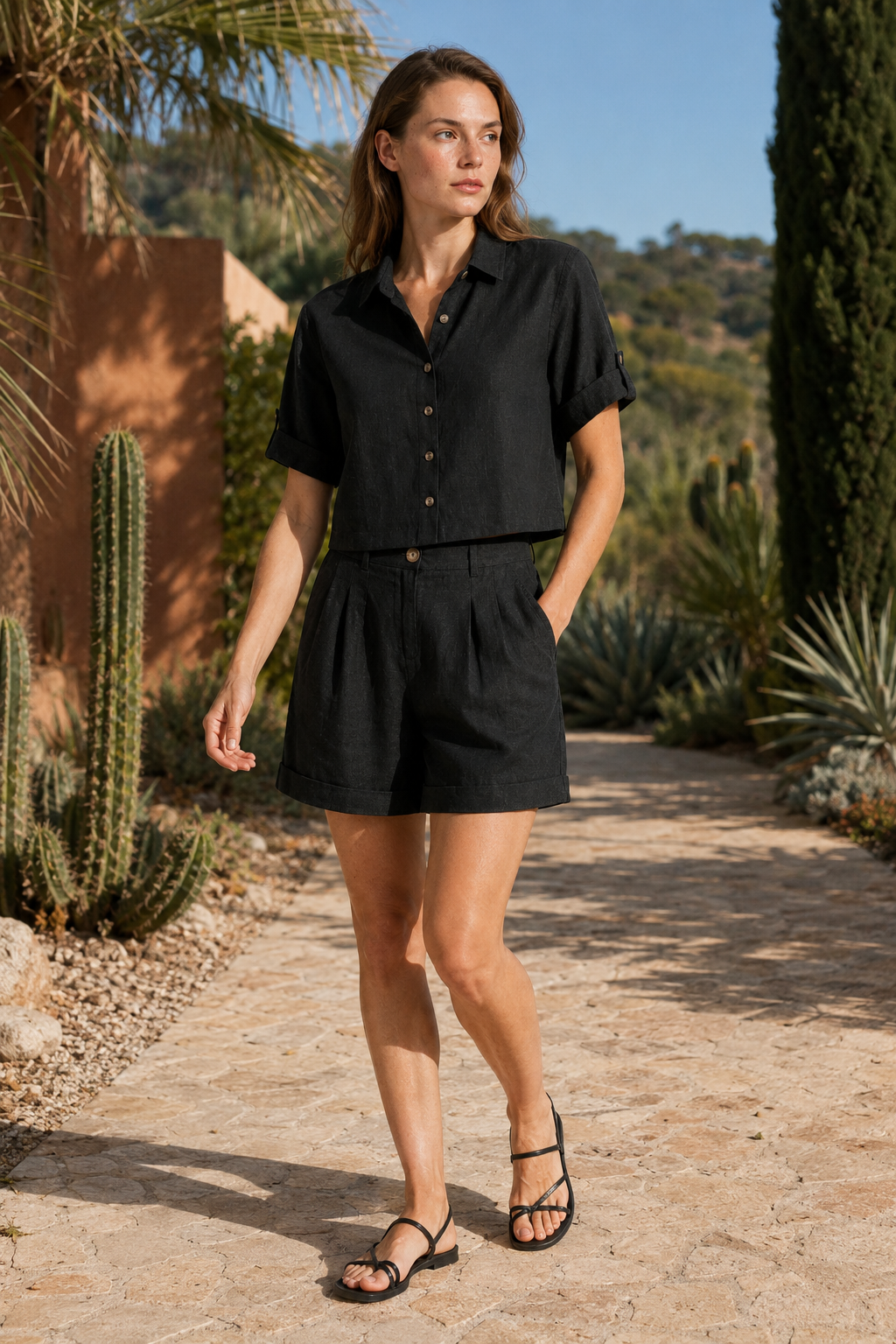 VALERIQUE | Ensemble Deux Pièces en Mélange de Lin pour Femme – Chemise Ample et Short Taille Haute