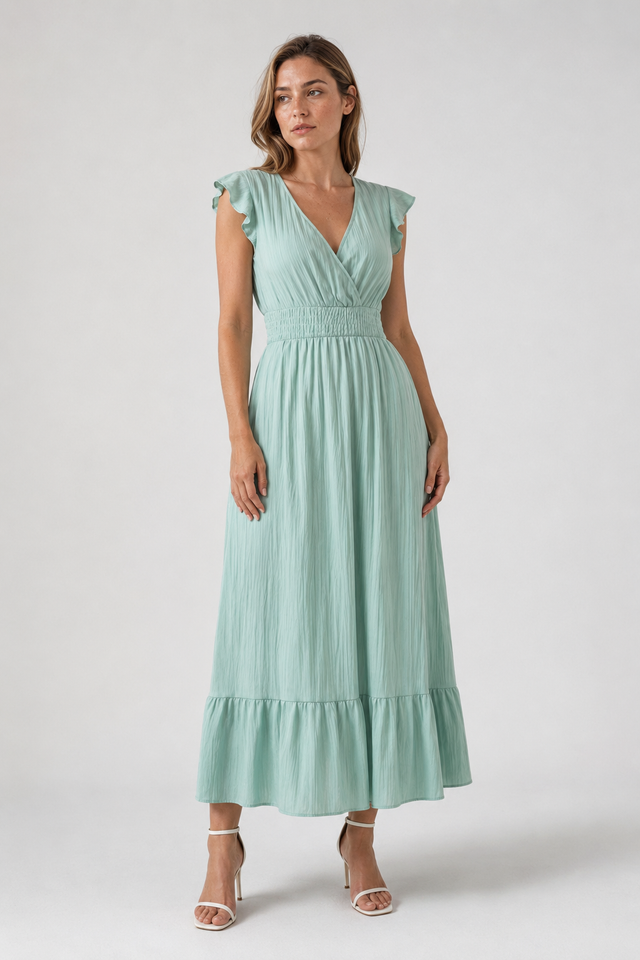 VALERIQUE | Robe longue vert sauge à col cache-cœur et manches courtes volantées pour usage quotidien