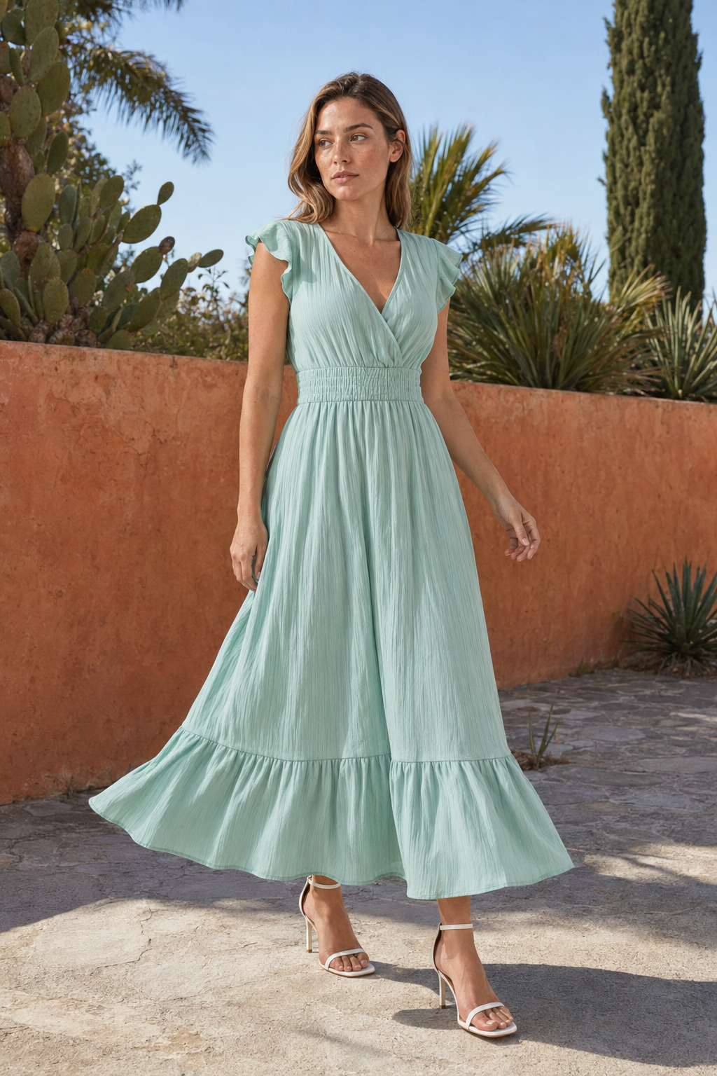 VALERIQUE | Robe longue vert sauge à col cache-cœur et manches courtes volantées pour usage quotidien