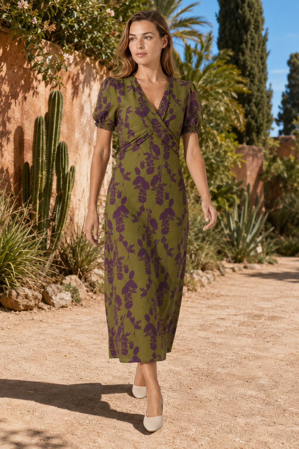 VALERIQUE | Femme Robe midi imprimé coupe ajustée col croisé manches courtes style décontracté