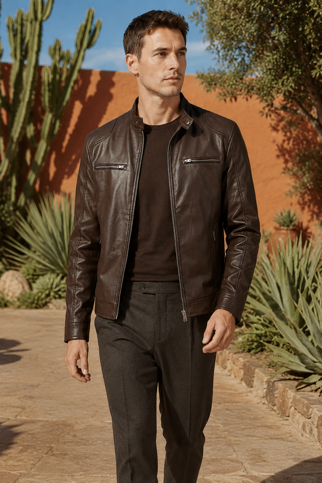 VALERIQUE | Homme Veste en cuir coupe ajustée col montant style moderne