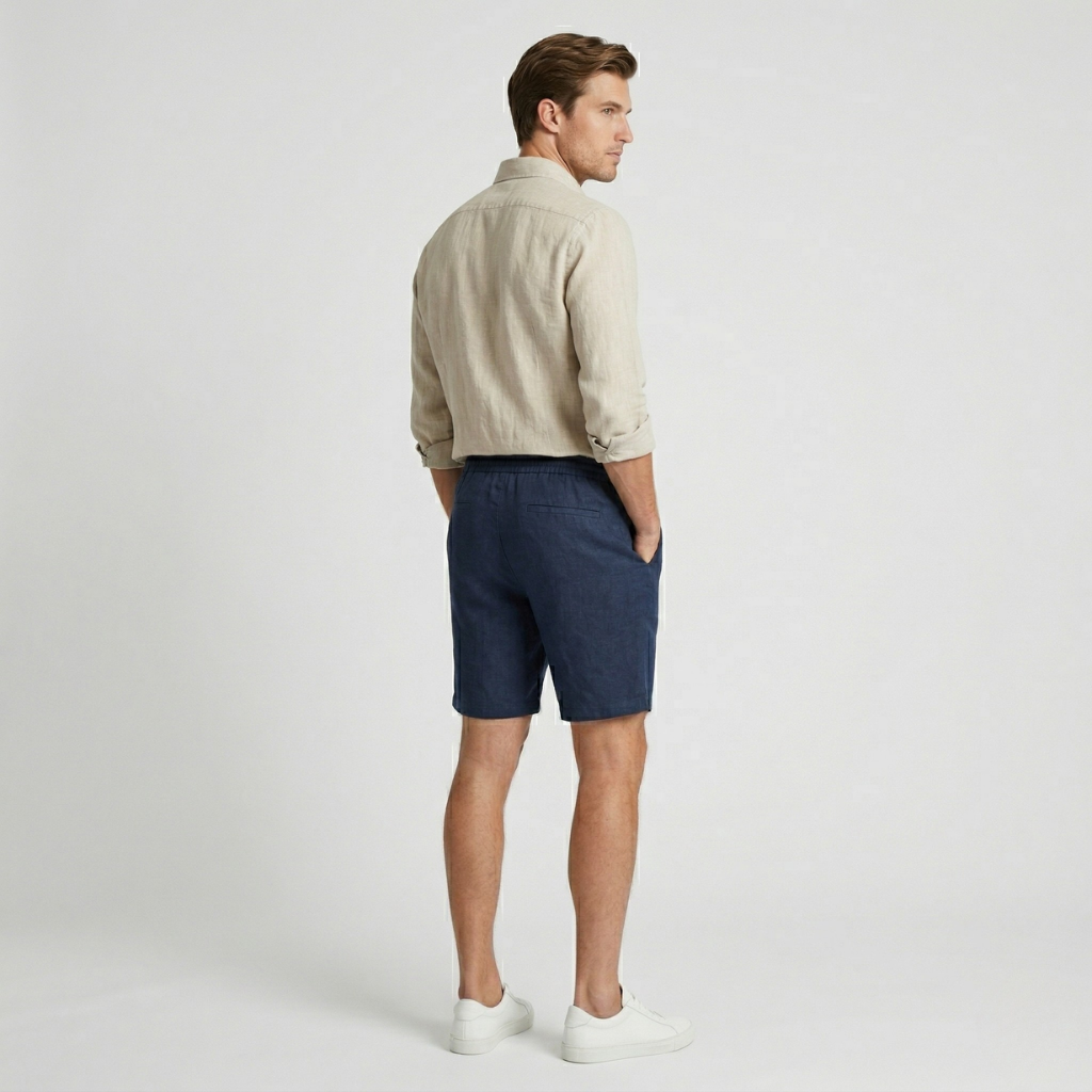 VALERIQUE | Homme short en lin bleu marine à taille élastiquée avec cordon coupe décontractée pour usage quotidien