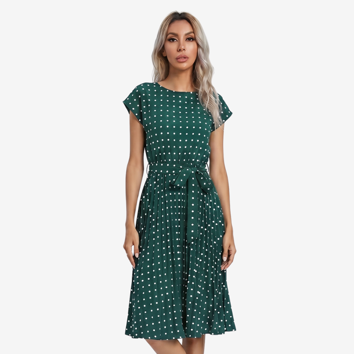 VALERIQUE | Femme Robe Décontractée A-Line en Mélange de Coton Bleu et Vert, Manches Courtes, Ceinture à Nouer