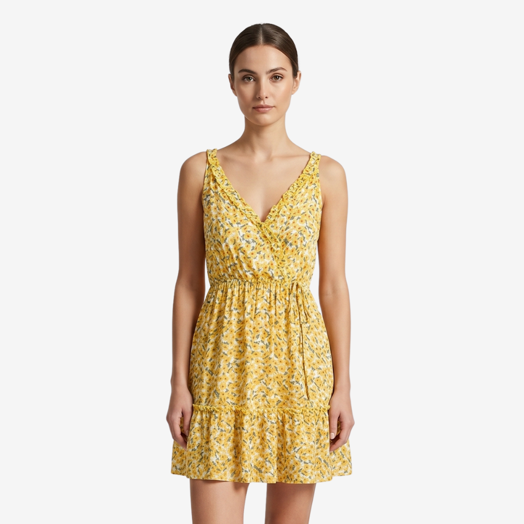 VALERIQUE | Femme Robe Enveloppante Décontractée en Mélange de Coton Orange et Jaune, Bretelles Ajustables, Taille Marquée