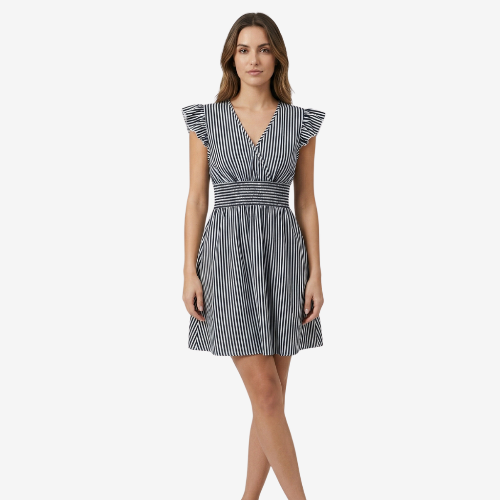 VALERIQUE | Femme Robe Décontractée à Rayures en Mélange de Coton, Col en V Profond, Manches Volantées