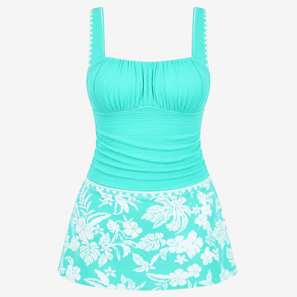 VALERIQUE | Ensemble Tankini Femme – Haut Froncé à Col Carré avec Jupe de Bain Fleurie