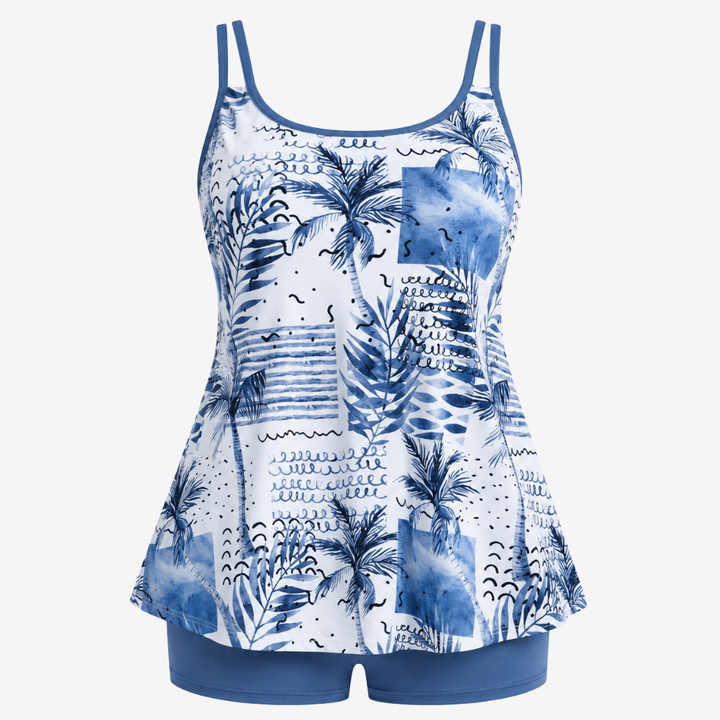 VALERIQUE | Ensemble Tankini Imprimé Femme – Haut Col Rond et Shorty de Bain