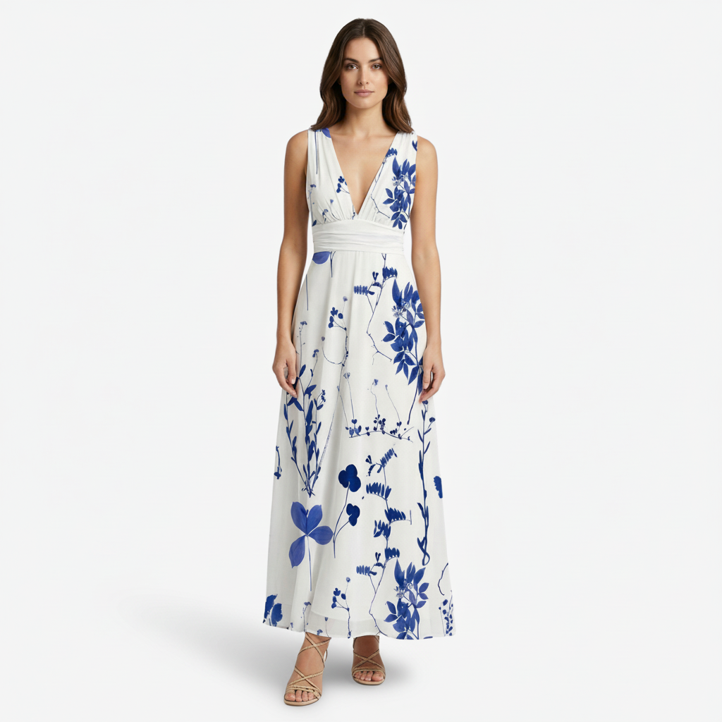 VALERIQUE | Femme Robe longue imprimé floral coupe évasée col V sans manches style décontracté