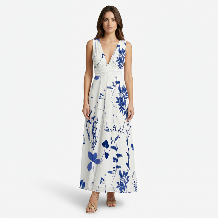 VALERIQUE | Femme Robe longue imprimé floral coupe évasée col V sans manches style décontracté