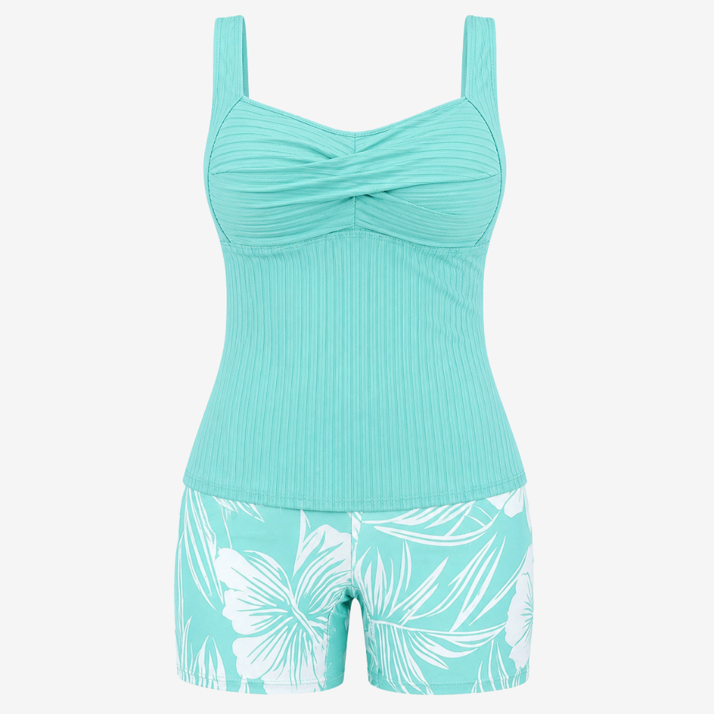 VALERIQUE | Ensemble Tankini Femme – Haut Côtelé Twist Front avec Short de Bain Imprimé Tropical