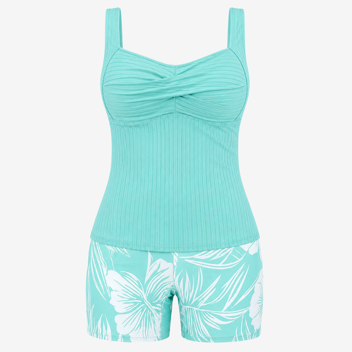 VALERIQUE | Ensemble Tankini Femme – Haut Côtelé Twist Front avec Short de Bain Imprimé Tropical