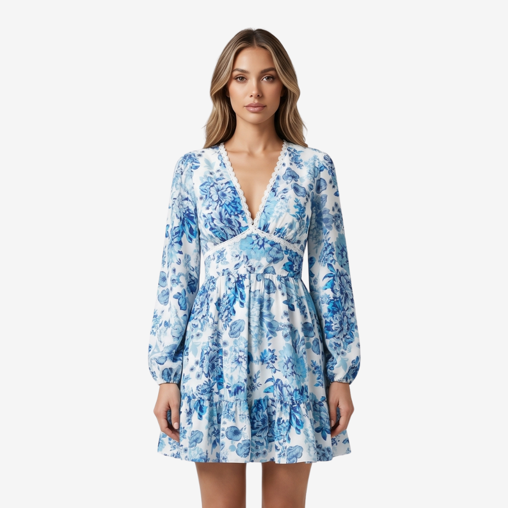 VALERIQUE | Femme Robe Florale Décontractée en Mélange de Coton Rose et Bleu, Manches Longues, Col en V Profond