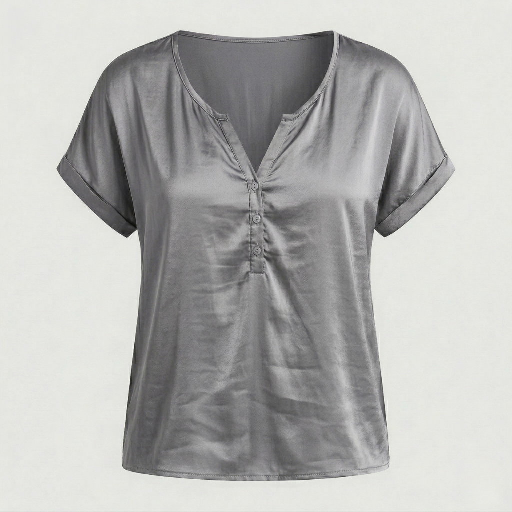VALERIQUE | Femme blouse satinée à manches courtes avec col ouvert et patte boutonnée pour usage quotidien