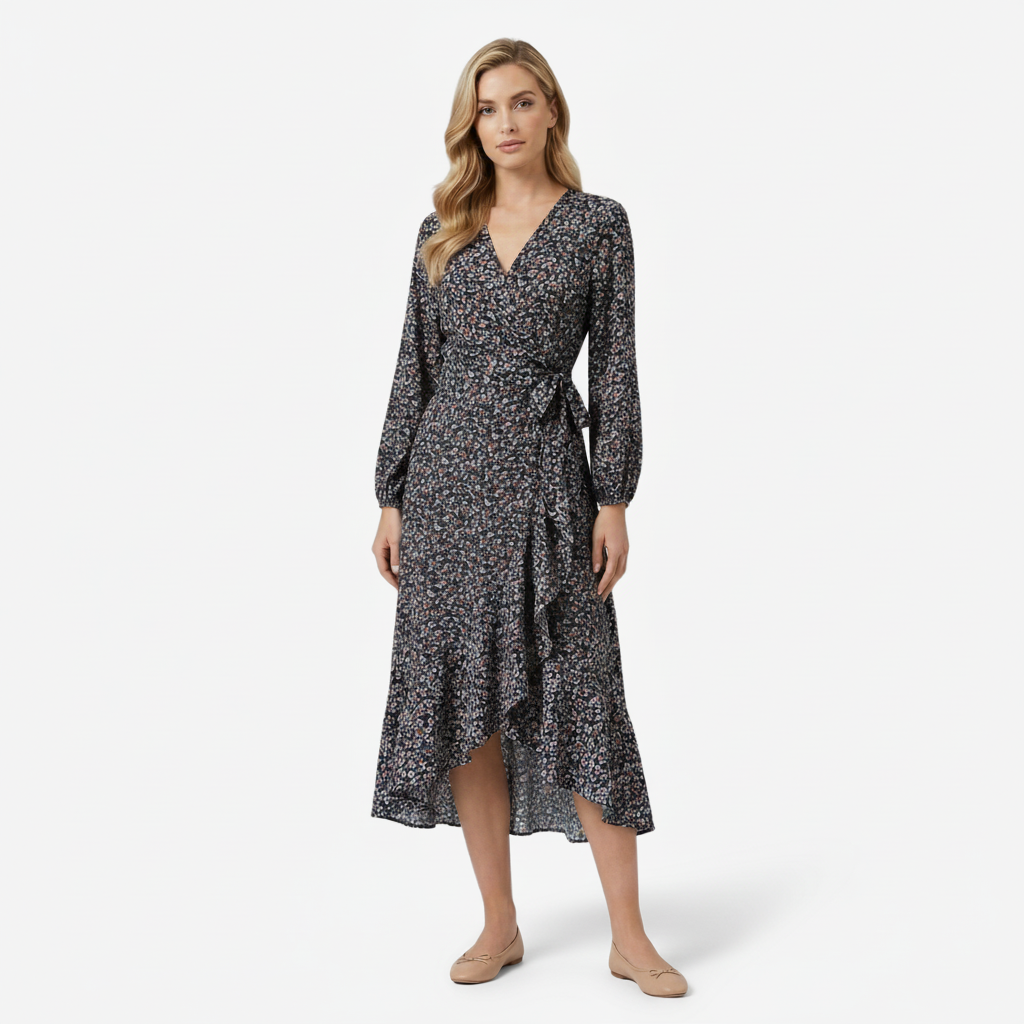 VALERIQUE | Femme Robe Formelle Cache-Cœur en, Manches Longues Bouffantes, Col en V Profond