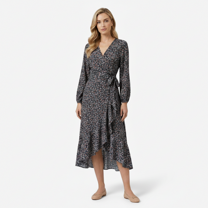 VALERIQUE | Femme Robe Formelle Cache-Cœur en, Manches Longues Bouffantes, Col en V Profond