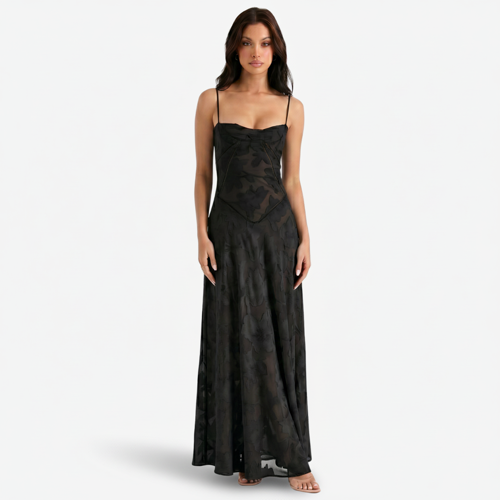 VALERIQUE | Femme Robe Longue Brodée Florale pour - Rose Poudré et Noir