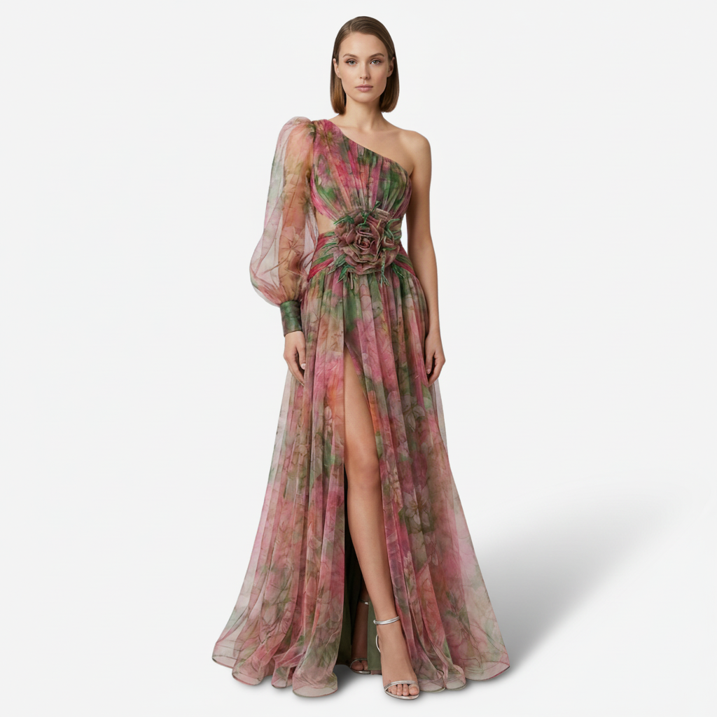 VALERIQUE | Femme Robe longue asymétrique coupe ajustée une manche détail drapé style fluide