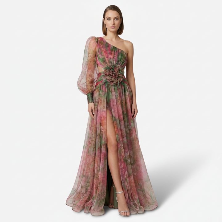 VALERIQUE | Femme Robe longue asymétrique coupe ajustée une manche détail drapé style fluide