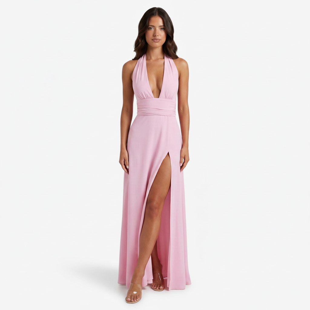 VALERIQUE | Femme Robe Longue Formelle en Mélange de Coton Blanc, Rose et Noir, Décolleté Plongeant, Bretelles Halter