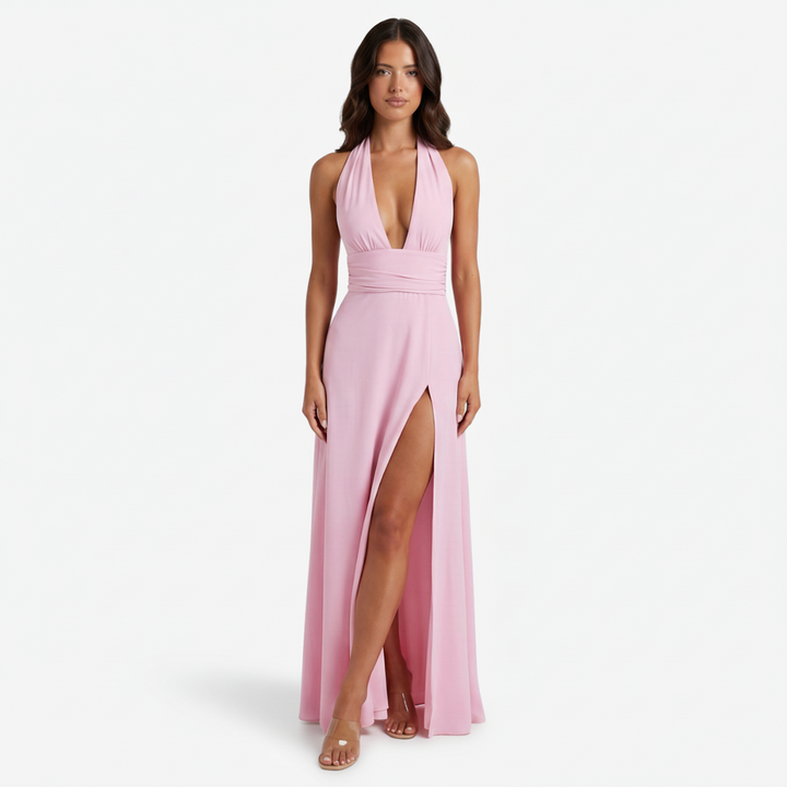 VALERIQUE | Femme Robe Longue Formelle en Mélange de Coton Blanc, Rose et Noir, Décolleté Plongeant, Bretelles Halter