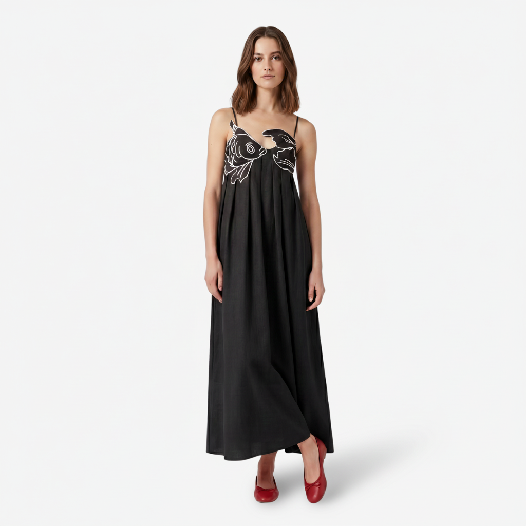 VALERIQUE | Femme Robe Maxi Décontractée en Mélange de Coton Rouge et Noir, Imprimé Poisson Blanc, Bretelles Ajustables