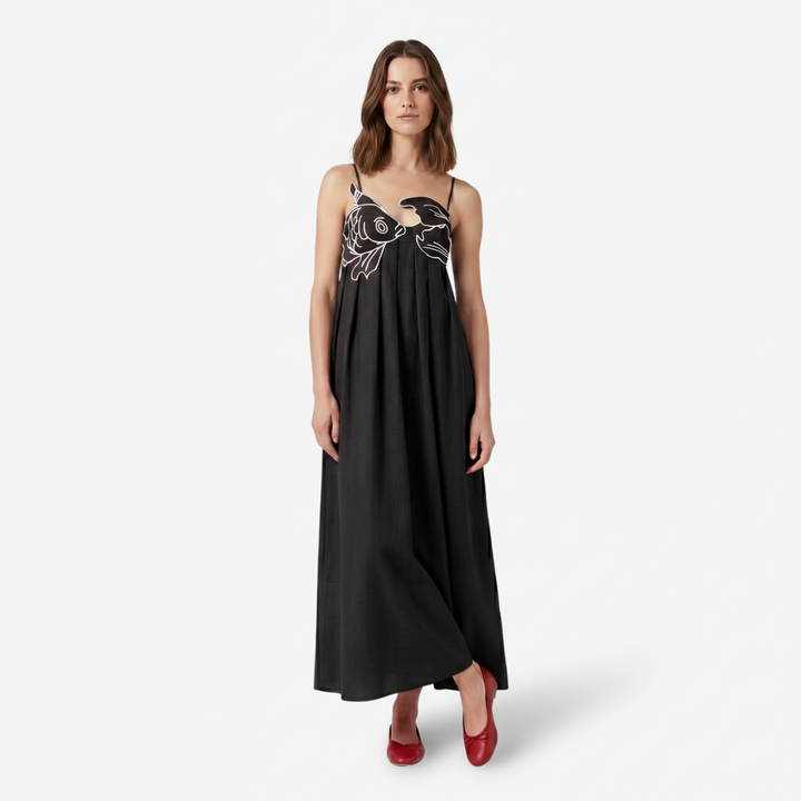 VALERIQUE | Femme Robe Maxi Décontractée en Mélange de Coton Rouge et Noir, Imprimé Poisson Blanc, Bretelles Ajustables