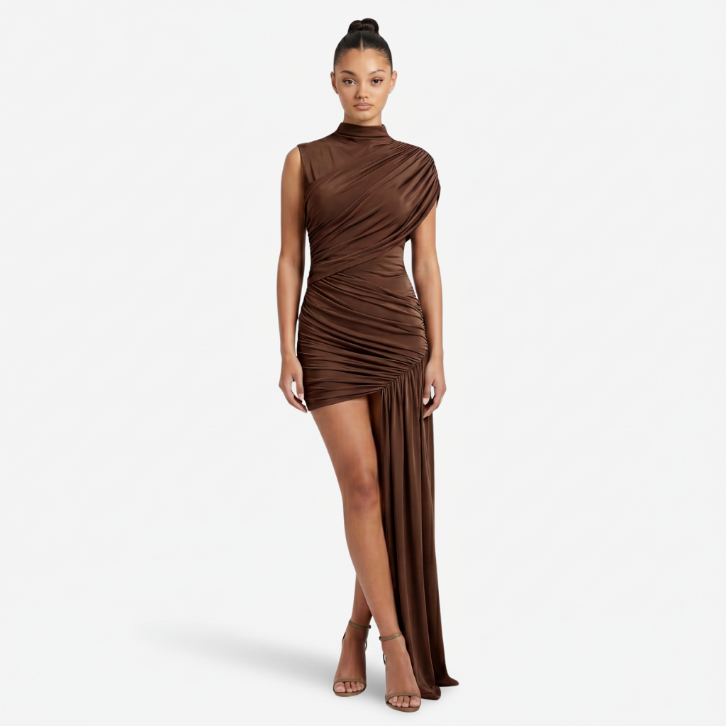 VALERIQUE | Femme Robe Formelle Gaine en Mélange de Coton Beige et Brun, Col Montant, Manches Sans Manches