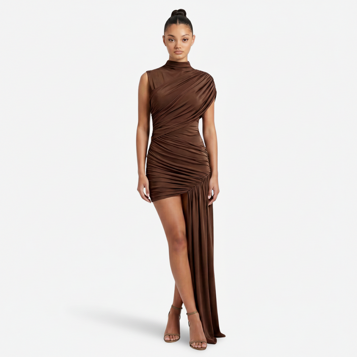 VALERIQUE | Femme Robe Formelle Gaine en Mélange de Coton Beige et Brun, Col Montant, Manches Sans Manches