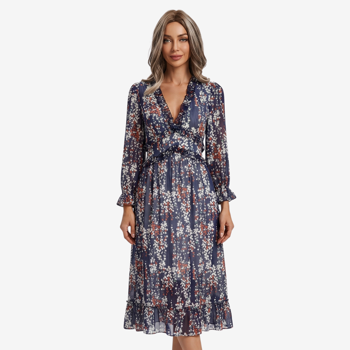 VALERIQUE | Femme Robe Longue Décontractée en Mélange de Coton Bleu et Blanc, Manches Longues, Col en V Profond