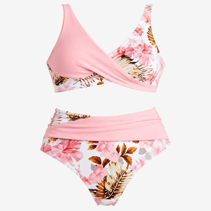 VALERIQUE | Ensemble Bikini Femme Croisé Fleuri – Maillot de Bain Deux Pièces Taille Haute