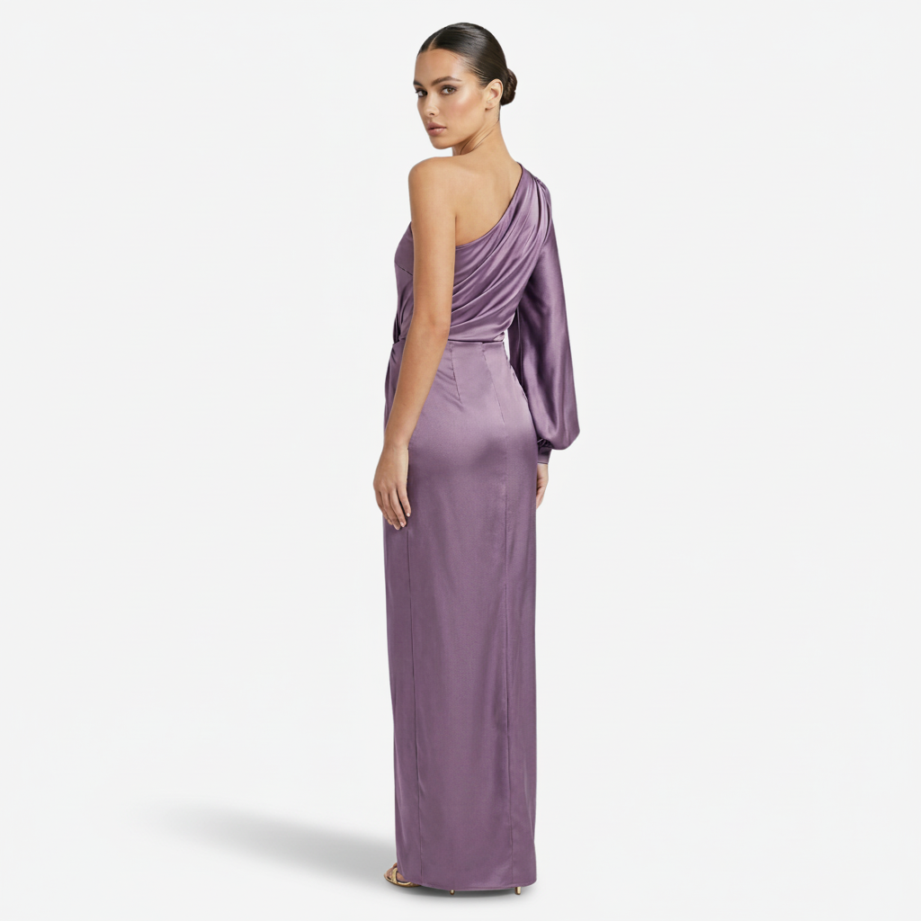 VALERIQUE | Femme Robe longue asymétrique manche longue coupe ajustée détail drapé style fluide
