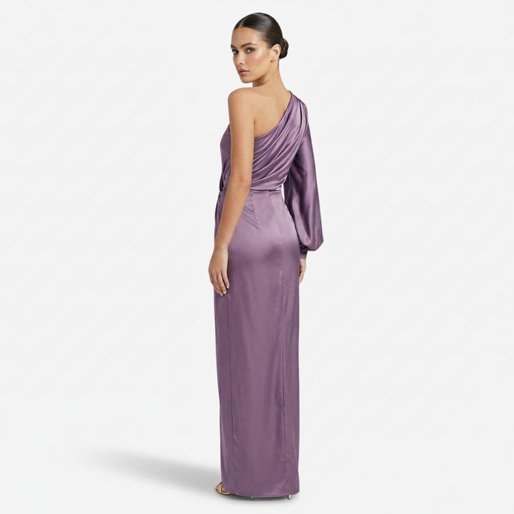 VALERIQUE | Femme Robe longue asymétrique manche longue coupe ajustée détail drapé style fluide