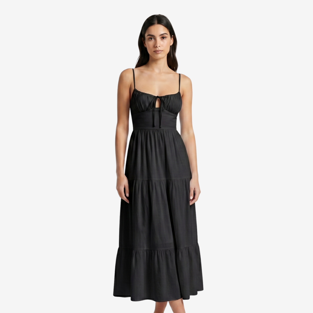 VALERIQUE | Femme Robe Maxi Décontractée en Mélange de Coton Blanc et Noir, Bretelles Fines, Col en V Profond