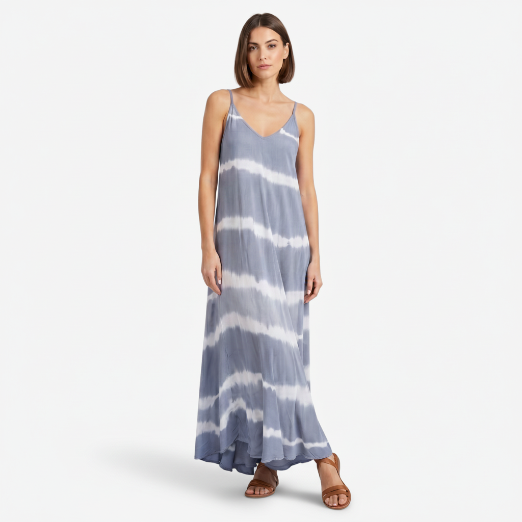 VALERIQUE | Femme Robe Maxi Décontractée Tie-Dye en Mélange de Coton Bleu et Gris, Bretelles Fines, Col en V Profond
